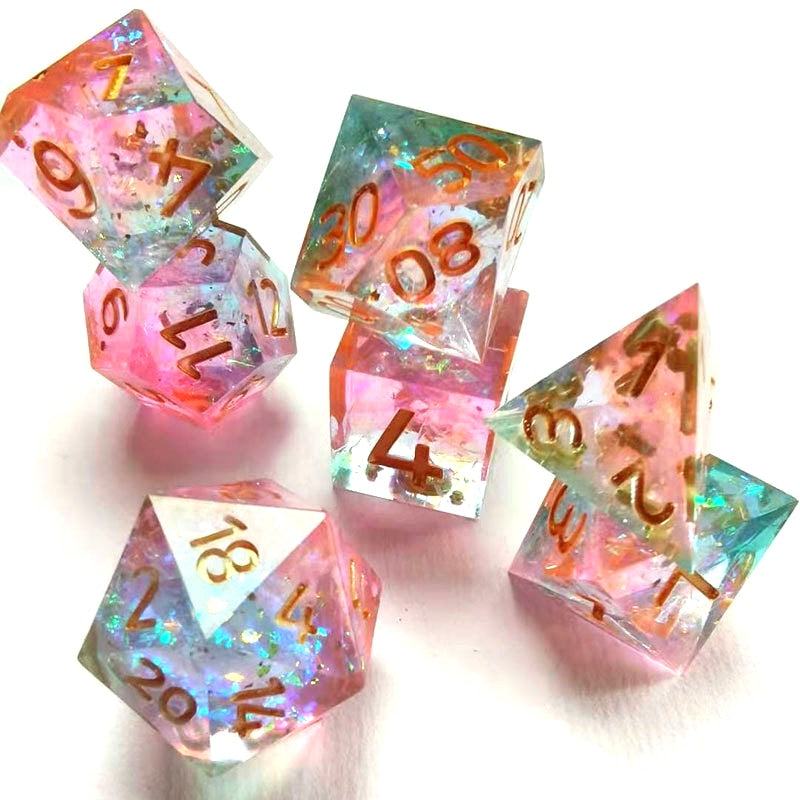 Lost Treasure 7Pcs Irregular Resin Polyhedral Dice Set D4 D6 D8 D10 D12 D20 Sharp Edge Digital Dice Pink+Red+Blue Board Game Dice